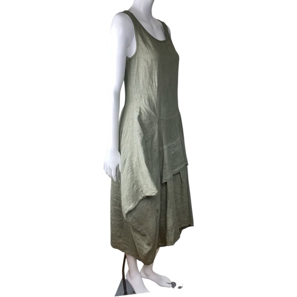 INIZIO 100% Linen Green Tiered Midi Tank Dress Sleeveless Stretch Women’s Medium - Picture 3 of 16